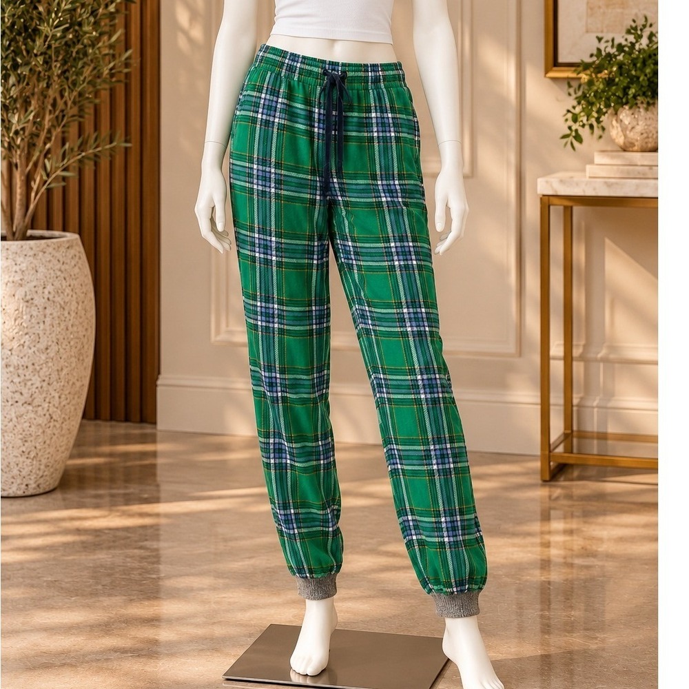 Aerie Womens Pajama Joggers Green Plaid Drawstring Pockets Size Large Regular